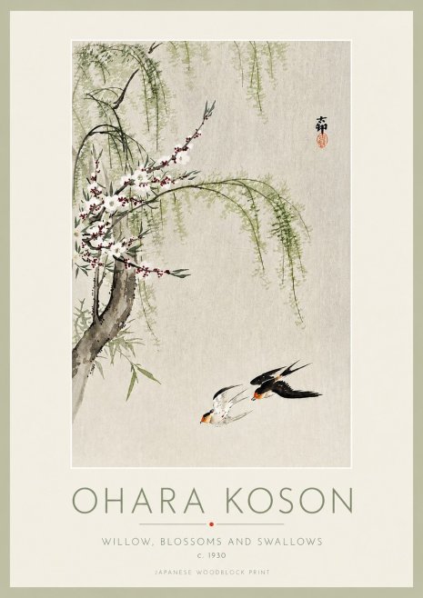 Ohara Koson Willow, Blossoms and Swallows No3 - Póster