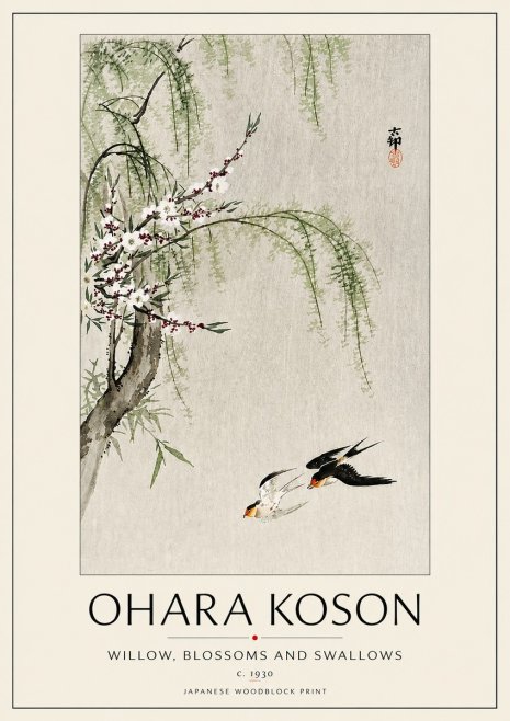 Ohara Koson Willow, Blossoms and Swallows No5 - Póster