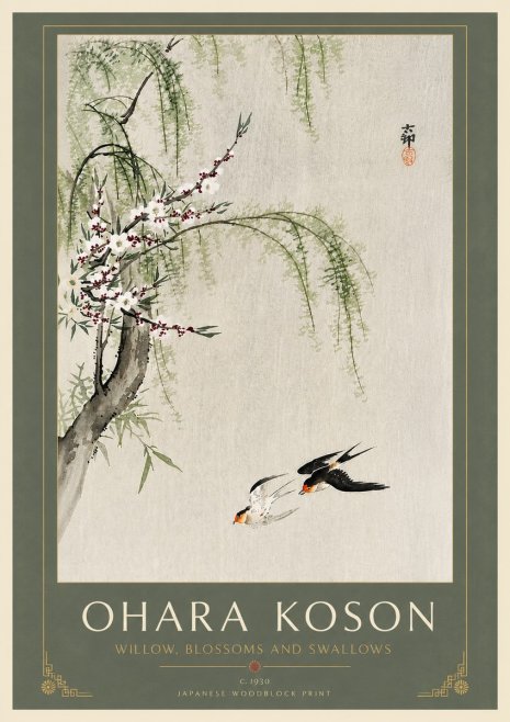 Ohara Koson Willow, Blossoms and Swallows No6 - Póster