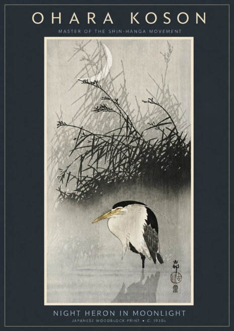 Ohara Koson Night Heron in Moonlight No2 - Póster