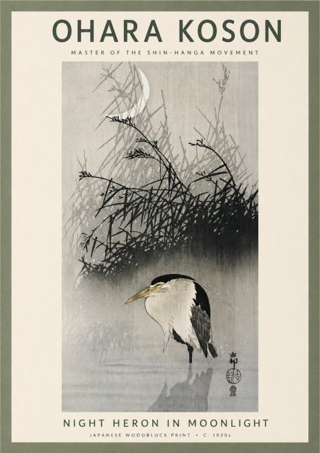 Ohara Koson Night Heron in Moonlight No4 - Póster