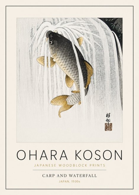 Ohara Koson Carp and Waterfall No3 - Póster
