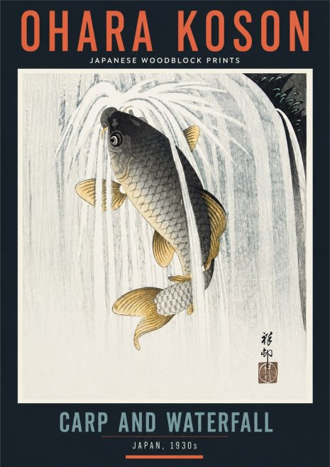 Ohara Koson Carp and Waterfall No4 - Póster