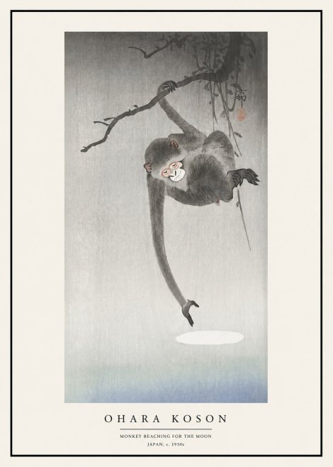 Ohara Koson Monkey Reaching for the Moon No1 - Póster