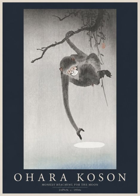 Ohara Koson Monkey Reaching for the Moon No2 - Póster