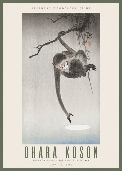 Ohara Koson Monkey Reaching for the Moon No3 - Póster