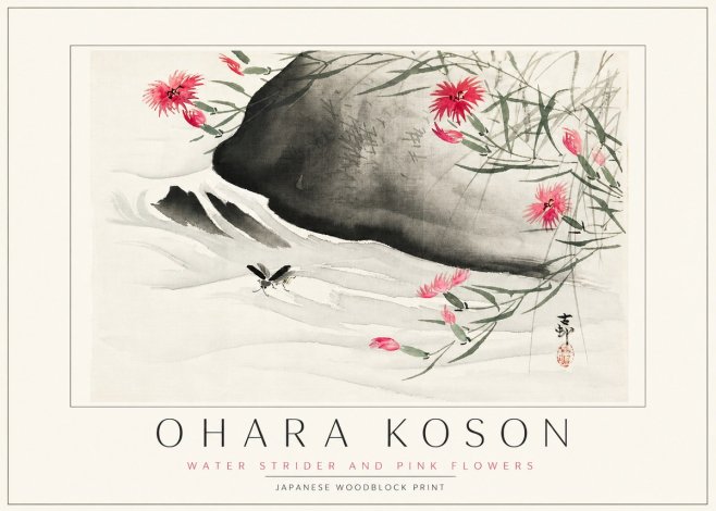 Ohara Koson Water Strider and Pink Flowers No3 - Póster