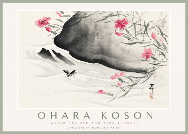 Ohara Koson Water Strider and Pink Flowers No4 - Póster