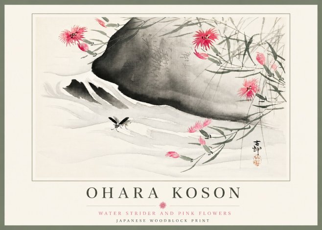 Ohara Koson Water Strider and Pink Flowers No5 - Póster