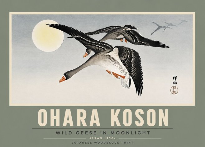Ohara Koson Wild Geese in Moonlight III No5 - Póster