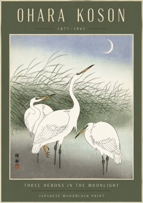Ohara Koson Three Herons in the Moonlight No4 - Póster