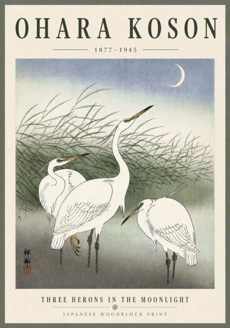 Ohara Koson Three Herons in the Moonlight No6 - Póster