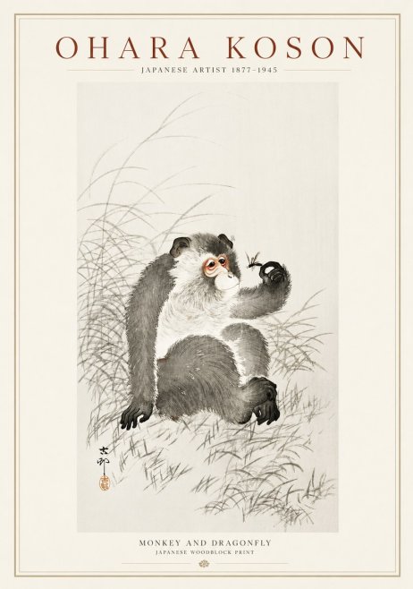 Ohara Koson Monkey and Dragonfly No1 - Póster