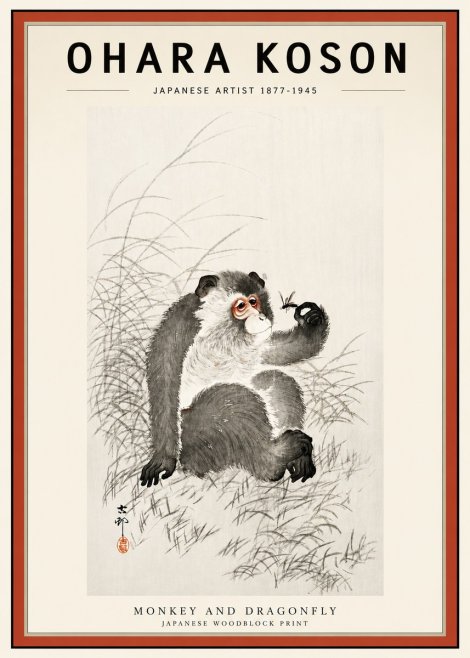 Ohara Koson Monkey and Dragonfly No3 - Póster