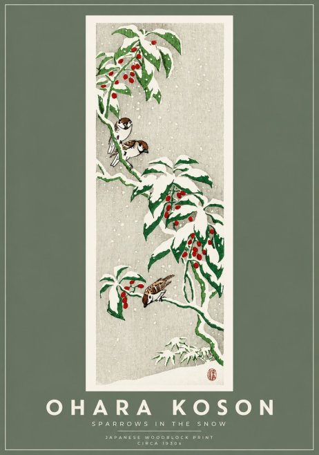 Ohara Koson Sparrows in the Snow No2 - Póster