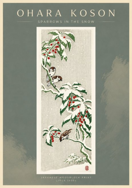 Ohara Koson Sparrows in the Snow No4 - Póster