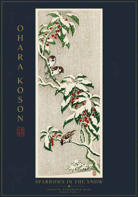 Ohara Koson Sparrows in the Snow No6 - Póster