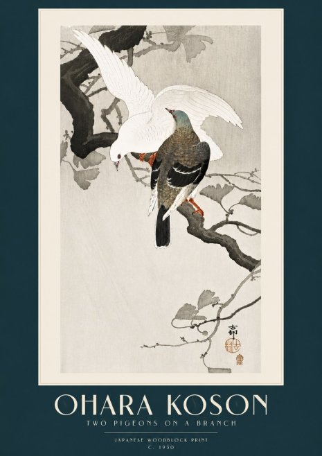 Ohara Koson Two Pigeons on a Branch No5 - Póster