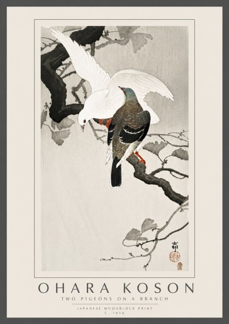 Ohara Koson Two Pigeons on a Branch No6 - Póster