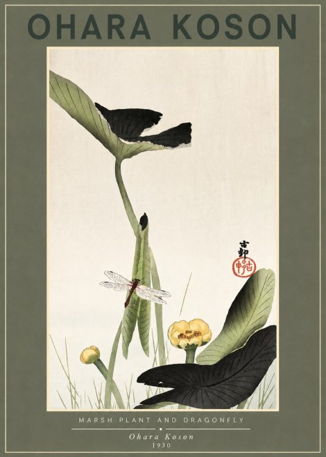 Ohara Koson Marsh Plant and Dragonfly No2 - Póster