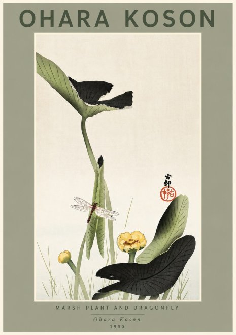 Ohara Koson Marsh Plant and Dragonfly No4 - Póster