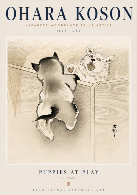 Ohara Koson Puppies at Play No3 - Póster
