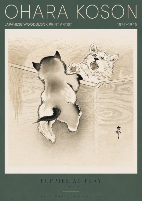 Ohara Koson Puppies at Play No4 - Póster