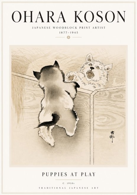 Ohara Koson Puppies at Play No5 - Póster