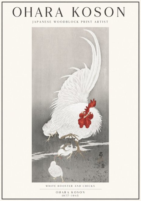 Ohara Koson White Rooster and Chicks No1 - Póster