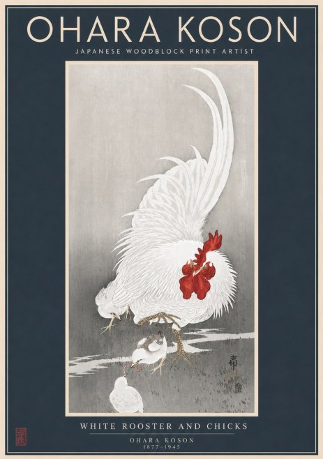 Ohara Koson White Rooster and Chicks No2 - Póster