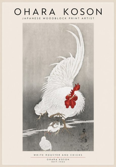 Ohara Koson White Rooster and Chicks No3 - Póster