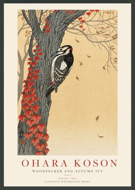 Ohara Koson Woodpecker and Autumn Ivy No3 - Póster