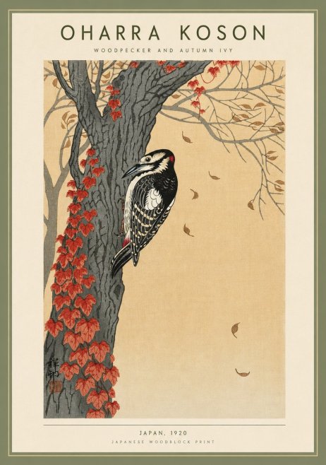 Ohara Koson Woodpecker and Autumn Ivy No4 - Póster