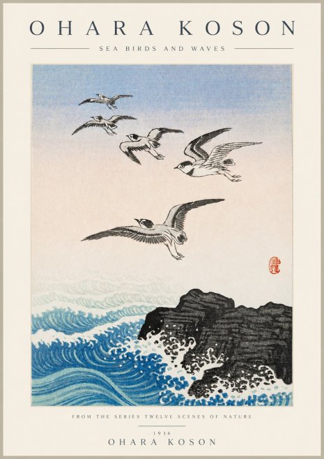 Ohara Koson Sea Birds and Waves No3 - Póster