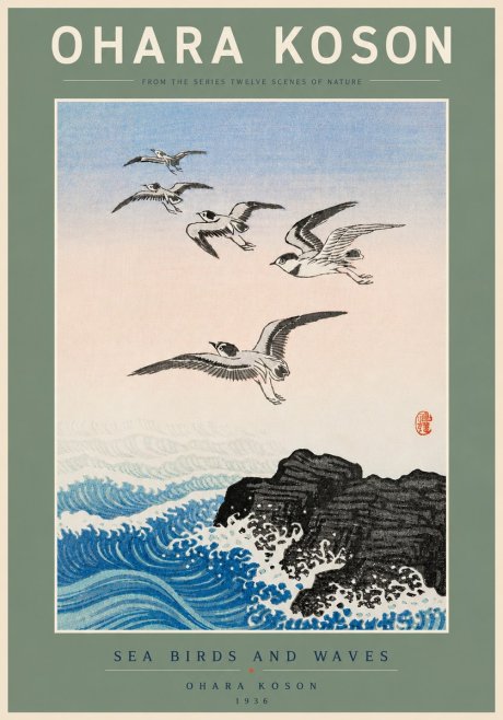 Ohara Koson Sea Birds and Waves No5 - Póster