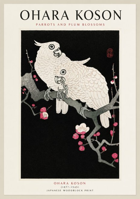 Ohara Koson Parrots and Plum Blossoms No1 - Póster
