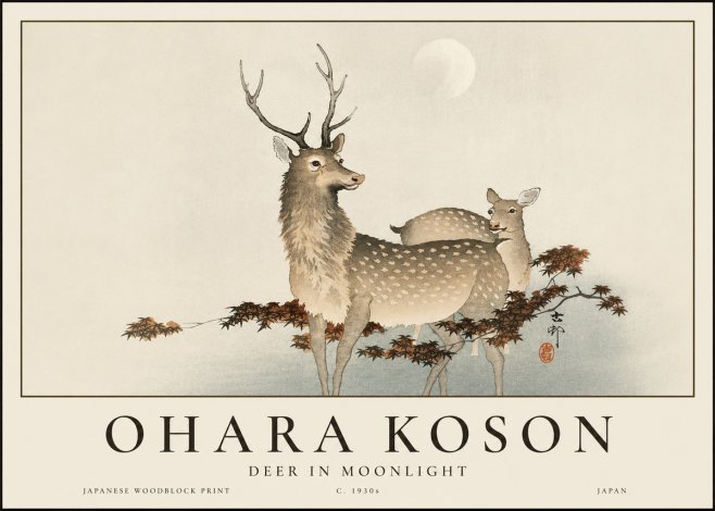 Ohara Koson Deer in Moonlight No3 - Póster