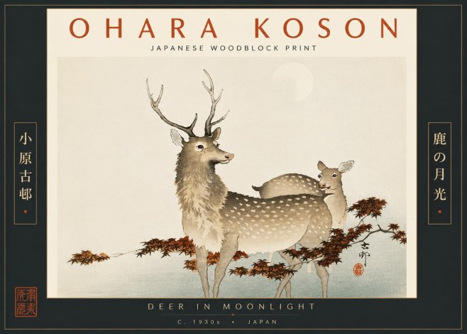 Ohara Koson Deer in Moonlight No6 - Póster