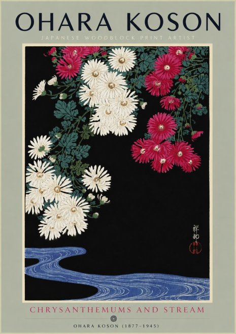Ohara Koson Chrysanthemums and Stream No4 - Póster
