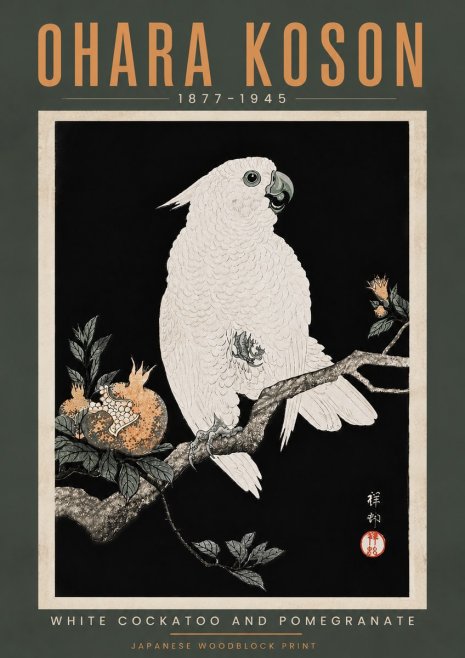 Ohara Koson White Cockatoo and Pomegranate II No5 - Póster