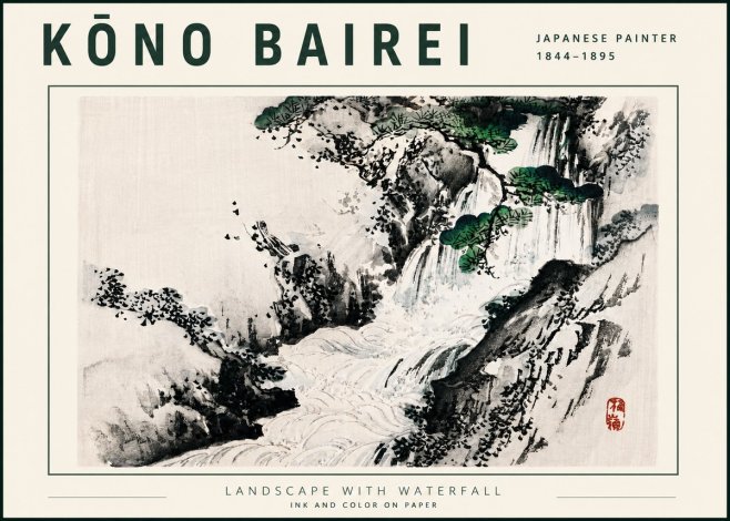 Kōno Bairei Landscape with Waterfall No5 - Póster