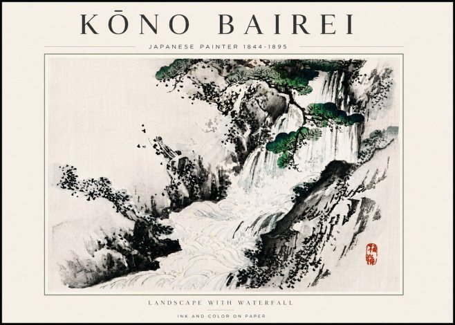Kōno Bairei Landscape with Waterfall No6 - Póster