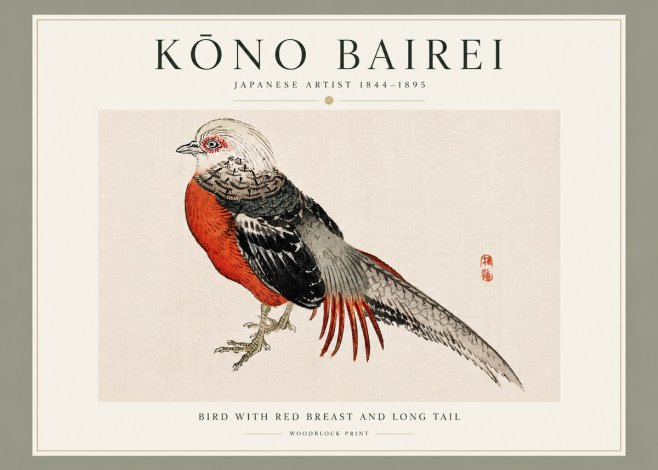 Kōno Bairei Bird with Red Breast and Long Tail No3 - Póster