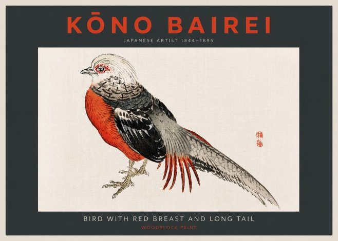 Kōno Bairei Bird with Red Breast and Long Tail No4 - Póster