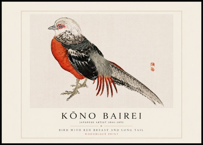Kōno Bairei Bird with Red Breast and Long Tail No5 - Póster