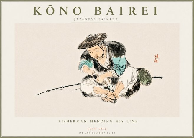 Kōno Bairei Fisherman Mending His Line No5 - Póster