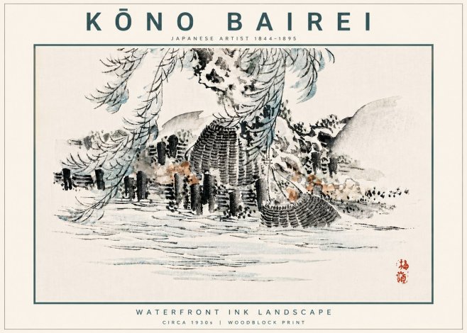 Kōno Bairei Waterfront Ink Landscape No6 - Póster