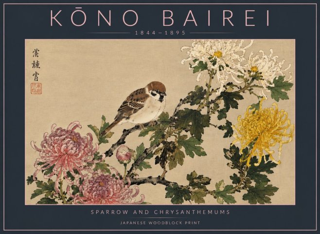 Kōno Bairei Sparrow and Chrysanthemums No4 - Póster