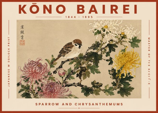 Kōno Bairei Sparrow and Chrysanthemums No6 - Póster