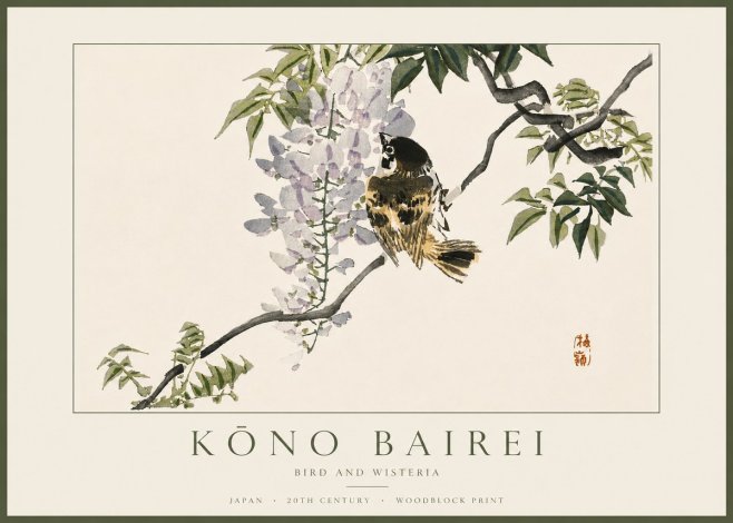 Kōno Bairei Wisteria and Bird No5 - Póster